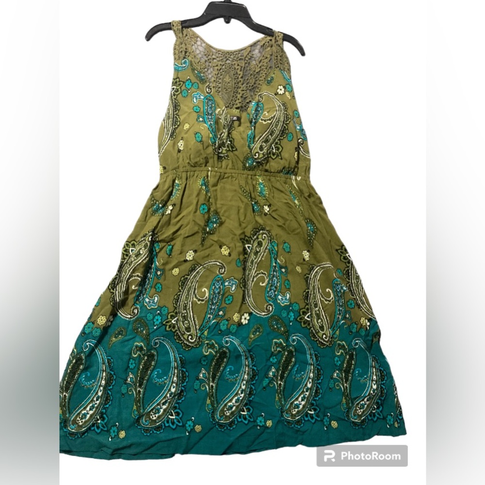 Apt 9 Dress Boho Style Embroidered Back Green Aqua Paisley Print Sleeveless Sz M
